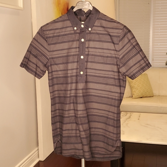 🔥Club Monaco Polo button up - pop over ss bayadere stripe chemise aviator navy - Picture 1 of 4